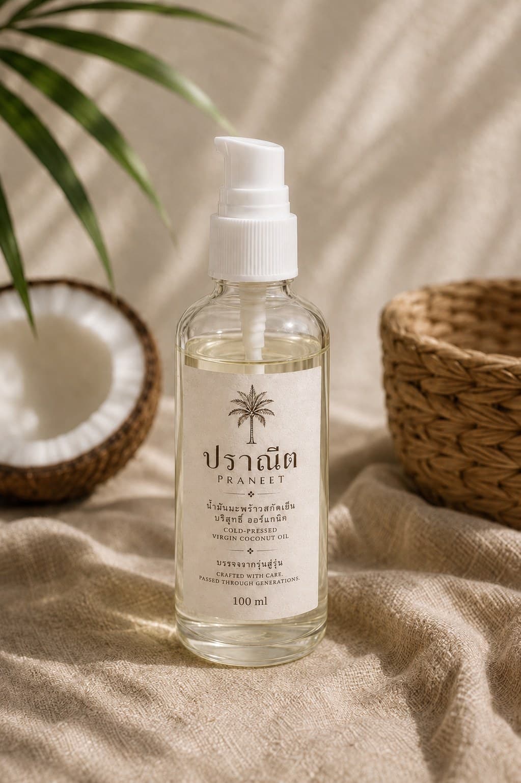 Praneet 100 ml cold-pressed virgin coconut oil pump bottle, on cream linen with a woven basket, fresh coconut and palm frond in soft daylight